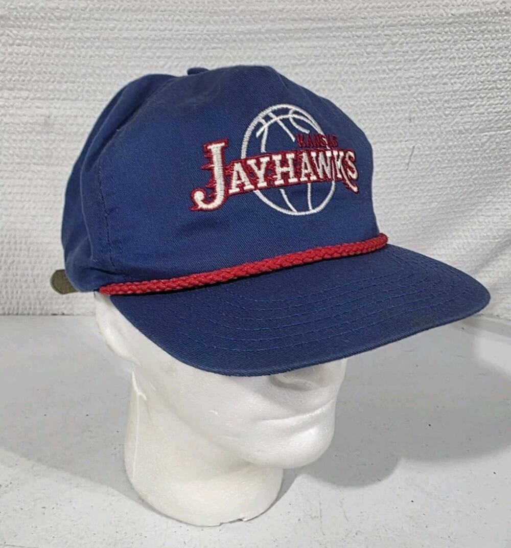 VTG Kansas Jayhawks Basketball Hat Cap Rope Leather Strapback Blue Red KU